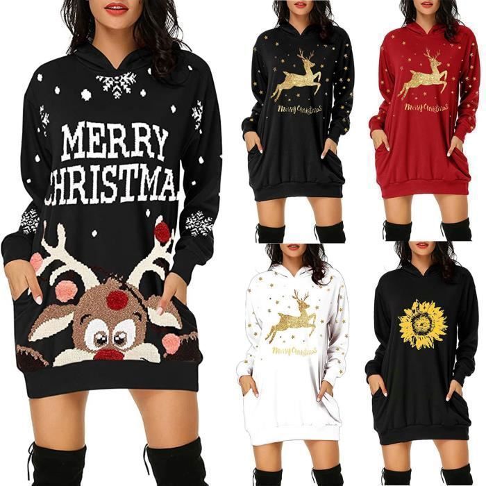 Robe Pull à Capuche De Noël Pour Femme – Rouge En Coton Doux, Manches Longues Et Poche