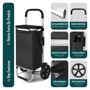 Chariot De Courses Avec Sac Isotherme 40 Litres - Cadre En Aluminium Léger - Grandes Roues - Idéal Pour Les Marchés Et Courses