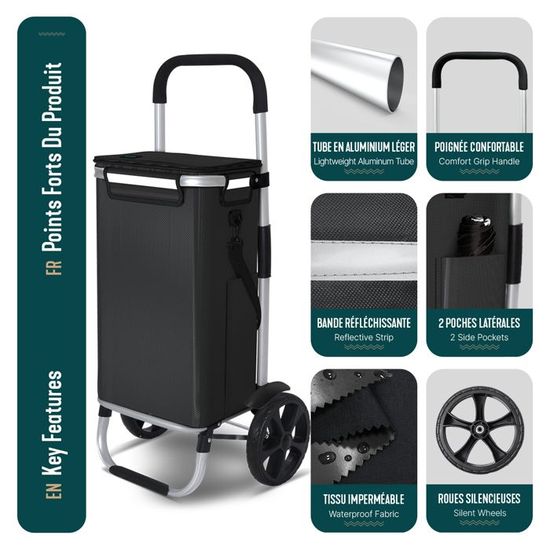Chariot De Courses 2iX 3 Roues – Compartiment Isotherme 40L – Pliable Et Transformable En Sac à Dos – Charge Max 40kg – Noir - 8