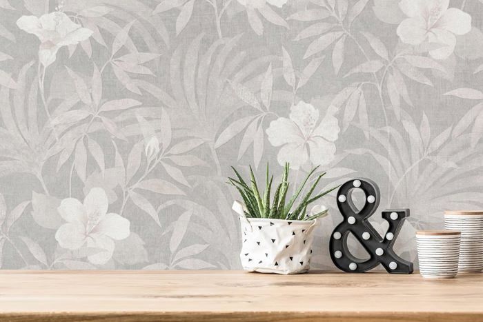 Papier Peints Fleuris Cuba intissé 10.05 m x 0.53 m Beige Gris