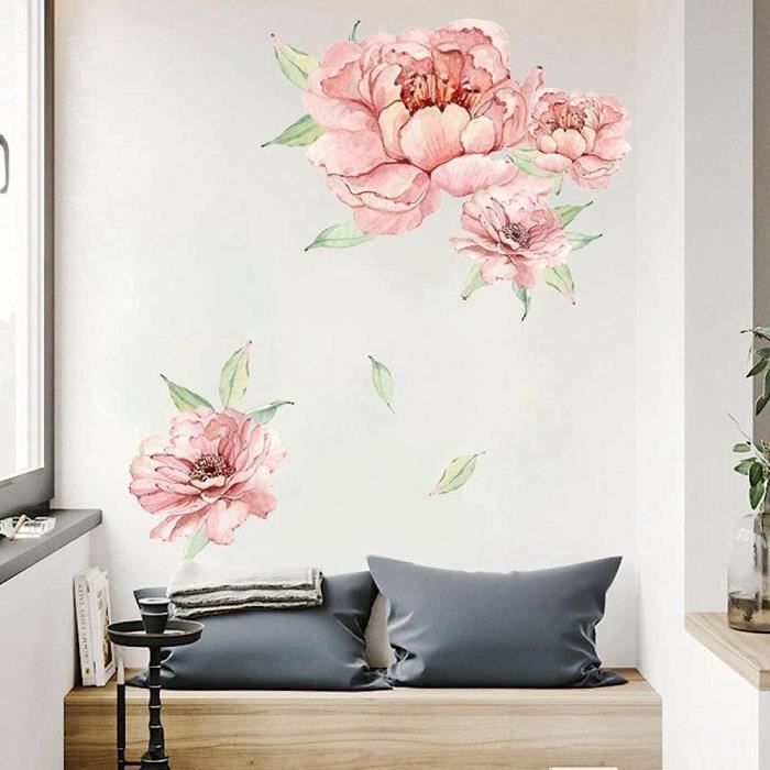 Stickers muraux VINTAGE PIVOINES (71x60 cm) I autocollant sticker mural  fleurs vieux rose romantique plantes feuilles[259] - Cdiscount Maison