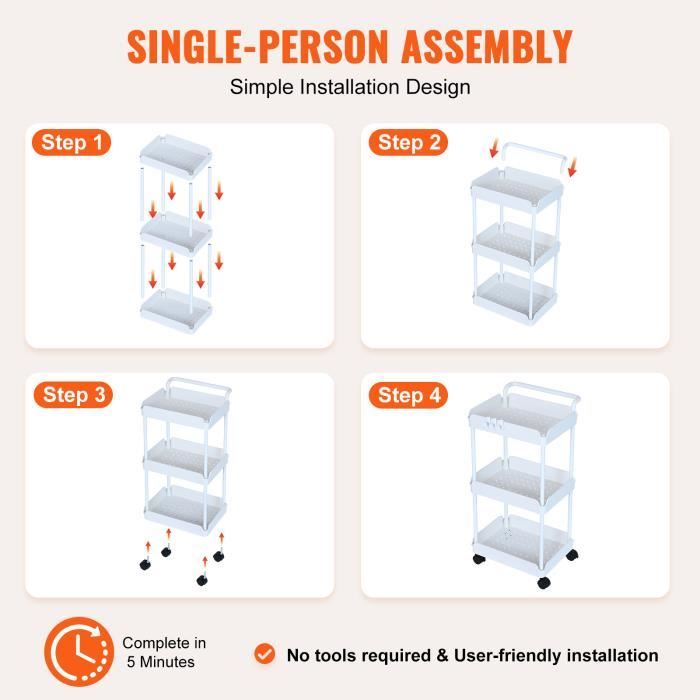 Desserte À Roulettes À 3 Étages, Organiseur De Rangement Multi-Usages, Chariot De Rangement Avec