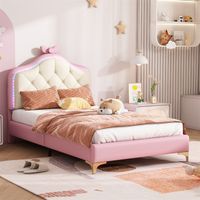 DRIPEX Lit enfant avec bandes LED 90x200cm,tête de lit en forme de vague et boucle rose,PU,Cadre de lit Rose
