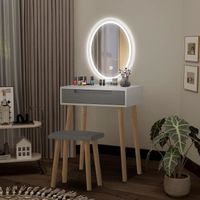 Coiffeuse LED Table de maquillage avec Miroir Coiffeuse et tabouret Miroir ovale + 1 Tiroir Scandinave