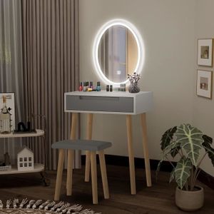 COIFFEUSE Coiffeuse LED Table de maquillage avec Miroir Coiffeuse et tabouret Miroir ovale + 1 Tiroir Scandinave