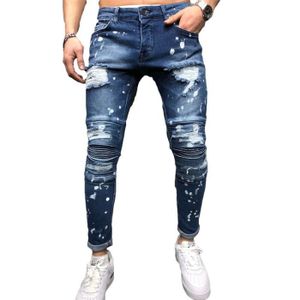 JEANS Jeans homme de marque luxe Jeans plissé déchiquetés Stretch coupe Tendance les loisirs Pantalon à trous cassés-Bleu