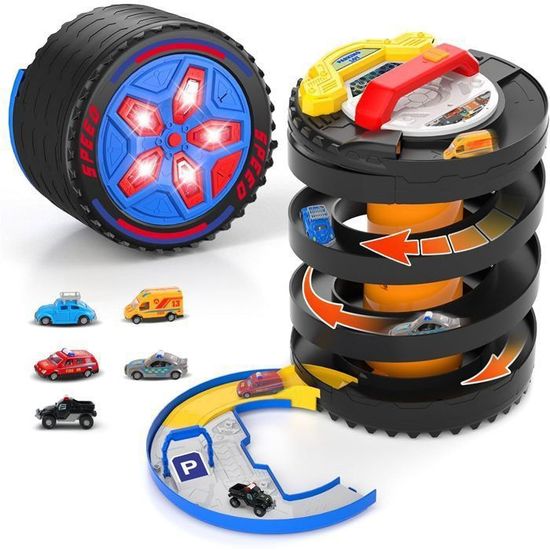 Circuit Voiture Électrique VAMEI 113 Pièces - Pistes Modulables Avec Loopings, Ponts, Palmiers, Voiture Incluse - Cadeau Enfant 3-6 Ans