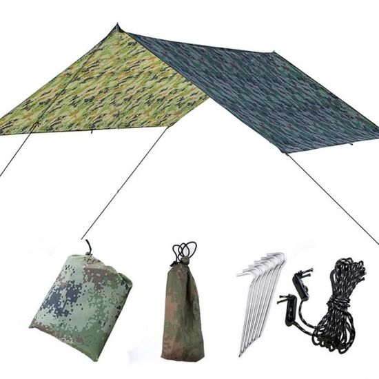 Bâche Imperméable RYACO 3x3m – 210D Oxford, PU2000, 8 Points, 6 Piquets Alu, Mousquetons, Pour Camping, Rando, Hamac, 1 Kg