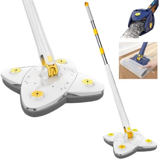 Balai Serpillière Avec Essorage Intégré Rotative 360° - Vadrouille Microfibre 4 Tampons Pour Sols Bois, Carrelage Et Stratifié (Blanc)