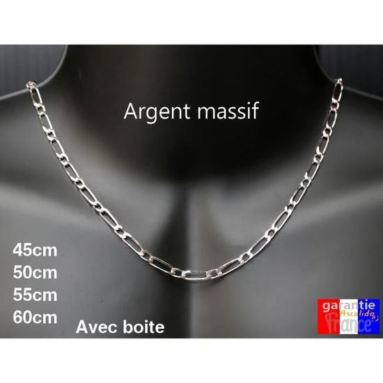 Collier Homme Argent 925 Véritable - Chaîne Maille Figaro 1+3 Élégante 60 Cm, Style Intemporel Et Robuste