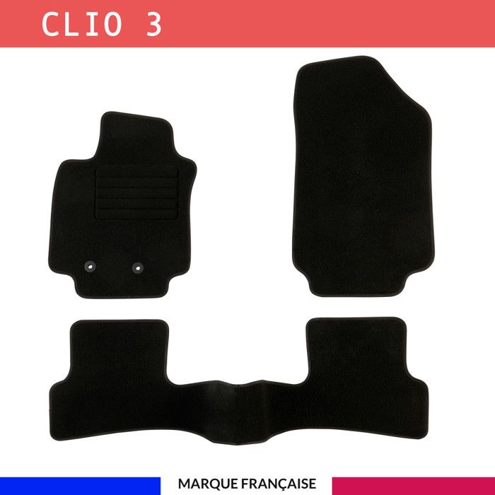 Tapis de sol voiture - Sur mesure pour RENAULT CLIO 3 (09/2005-08/2012) Antidérapant - 3 pièces : Protection arrière - Moquette