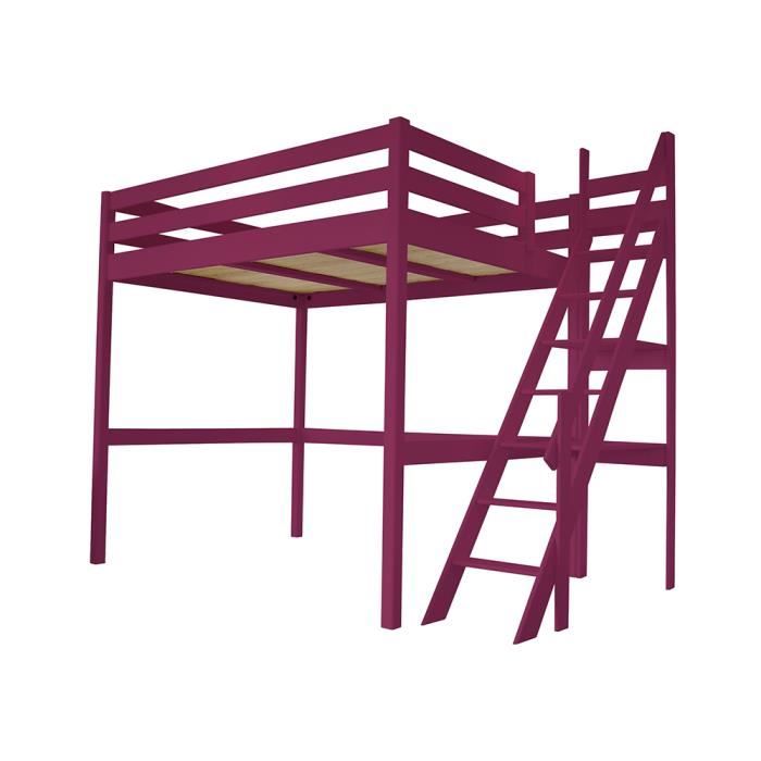 Lit Mezzanine Sylvia avec escalier de meunier bois - Couleur - Prune, Dimensions - 140x200