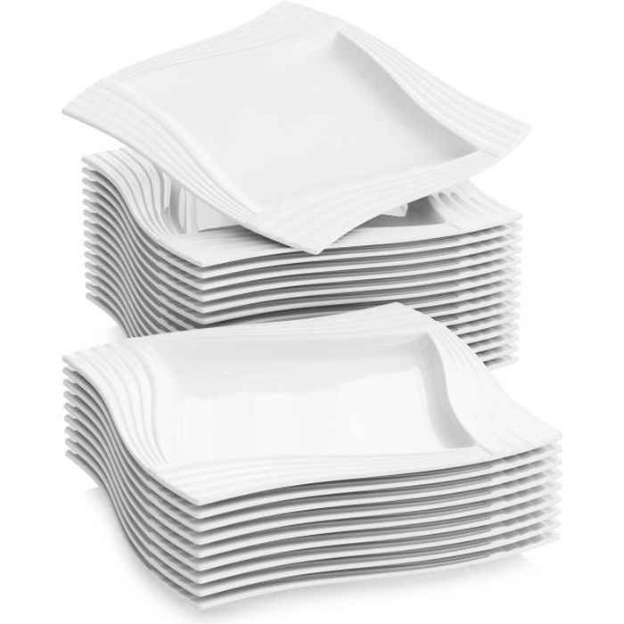 24pcs Assiettes Plates 25.5cm Porcelaine Vaisselles Assiette Carrée Plat Service de Table Malacasa Série AMPARO