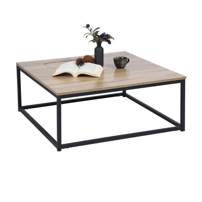 MEUBLES COSY Moderne Table Basse Bout Canapé 80x80cm - Plateau Panneau Bois Chêne - Métal Peint Noir