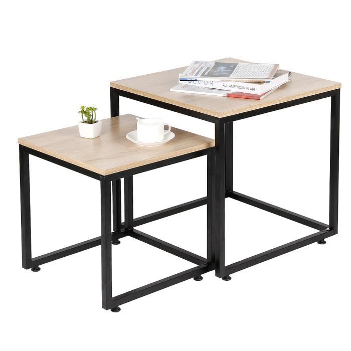 WISS Table d’appoint lot de 2 gigognes Table Basse carré Design Industriel 50x50cm+40x40cm