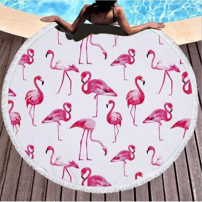 Serviette de Plage Rond Tapis de Plage Flamant Rose avec Franges Drap de Plage,Tapis de yoga,Tapisserie de Plage Flamant 150cm