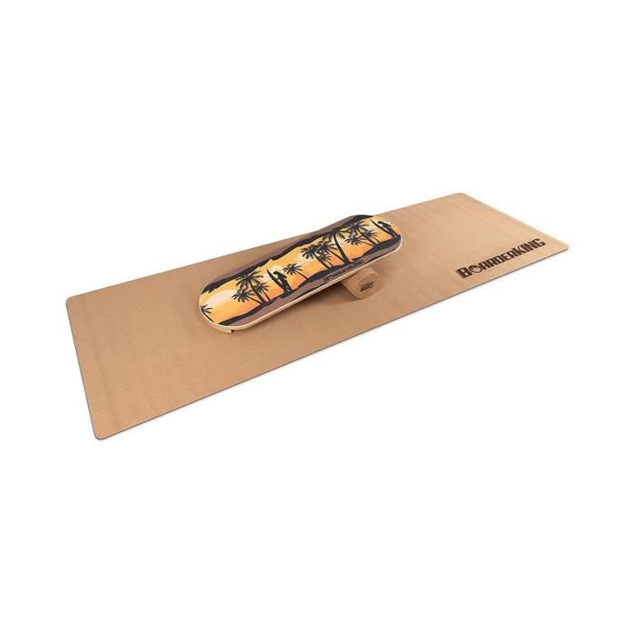 BoarderKING - Kit Indoorboard Classic : planche d'équilibre + tapis + rouleau - Bois-liège jaune