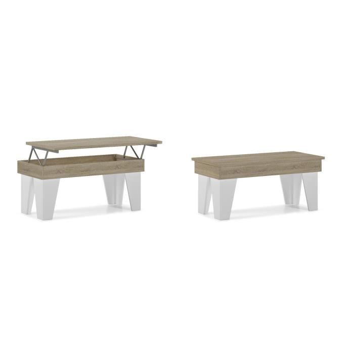Table basse relevable, salle à manger, Modèle KL, Chêne clair - Blanc mat, mesure 92x50x45/57 cm de haut
