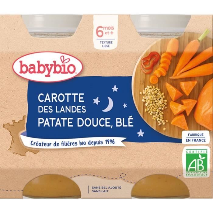 Babybio - Petit Pot Bébé Bonne Nuit Carotte Patate douce Blé - Bio - 2x200g - Dès 6 mois