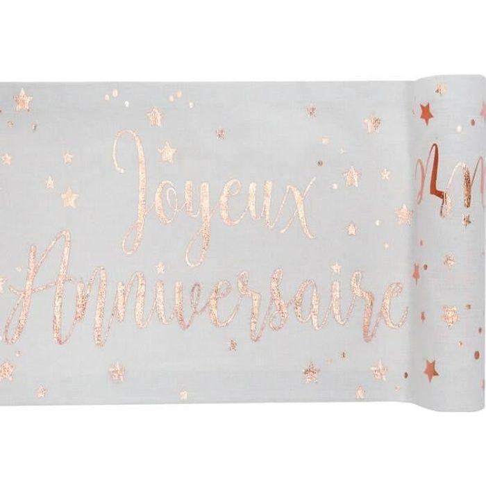 Chemin de table joyeux anniversaire blanc et rose gold métallique (x1) R/5668