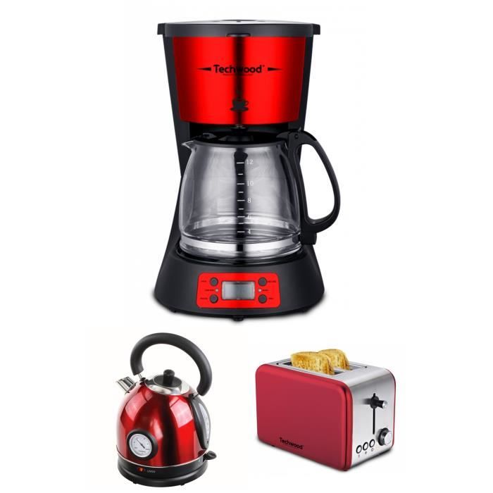 PACK DEJEUNER Cafetière Machine à café Programmable Inox Rouge 1.5L 1000W + Grille-pain Inox Rouge 2 Fentes 1000W + Bouilloire Rouge