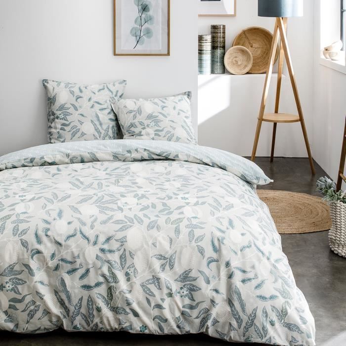 Parure de lit 2 personnes 240X260 Coton imprime bleu Floral SUNSHINE