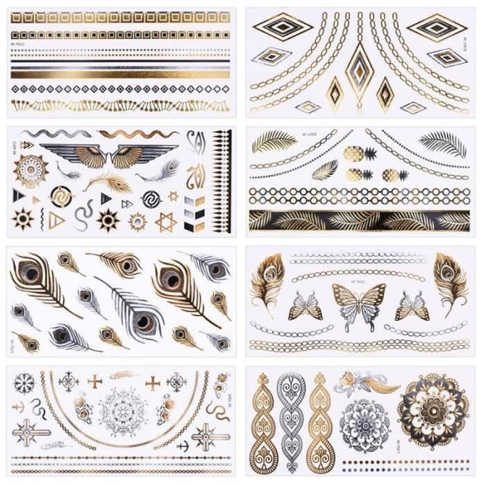 ZF02335-8 Planches de 21x10 cm de Tatouages éphémères métalliques brillants , motifs variés
