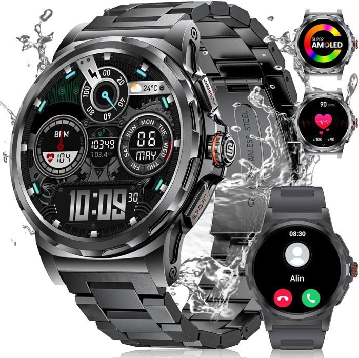 Montre Connectée Militaire Homme – Écran 1.91" AMOLED, Batterie 1000mAh, 5ATM, 110 Modes Sport