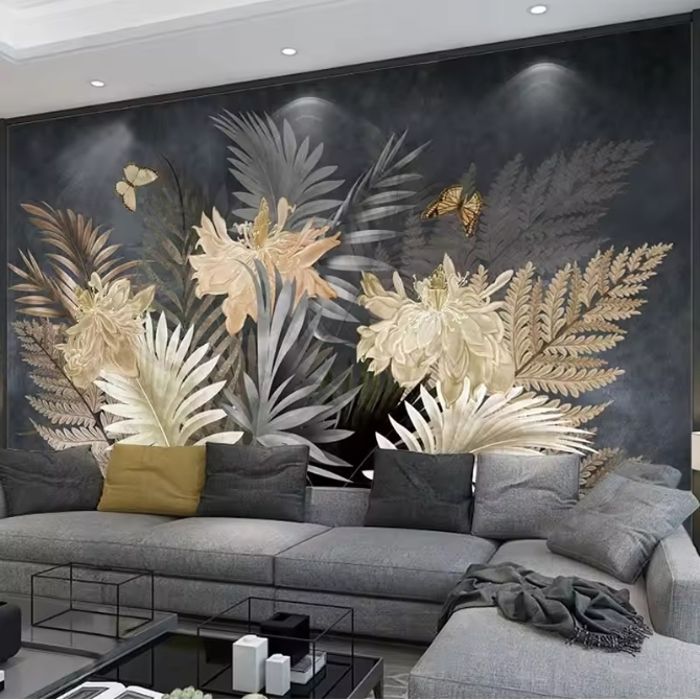 Papier Peint Panoramique 3D européenne plante feuilles murale salon TV ...