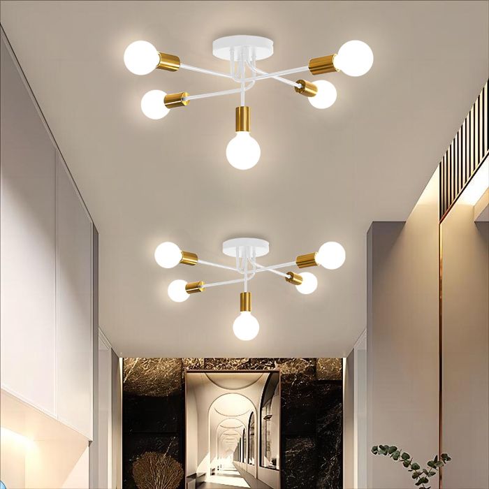 DLGLOLIN 2X Plafonnier Industriel 5-Lumières Lustre Vintage Lampe de Plafond en Métal Blanc et Doré E27 Luminaire pour Salon