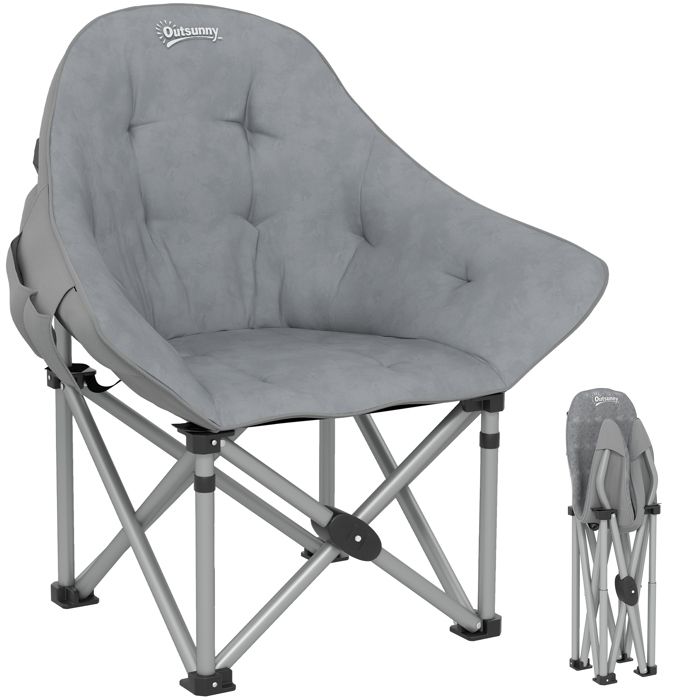 Chaise De Camping Outsunny Rembourrée – Tissu Oxford Déperlant, Cadre Métal 150 Kg, Porte-gobelet Et Poche Latérale