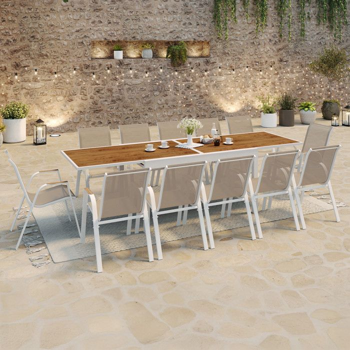 IDMARKET Salon de jardin NOUMEA table extensible 135/270 CM plateau verre trempé effet bois et 12 chaises empilables blanc et bois IDMARKET Salon de jardin NOUMEA table extensible 135/270 CM plateau verre trempé effet bois et 12 chaises empilables blanc et bois