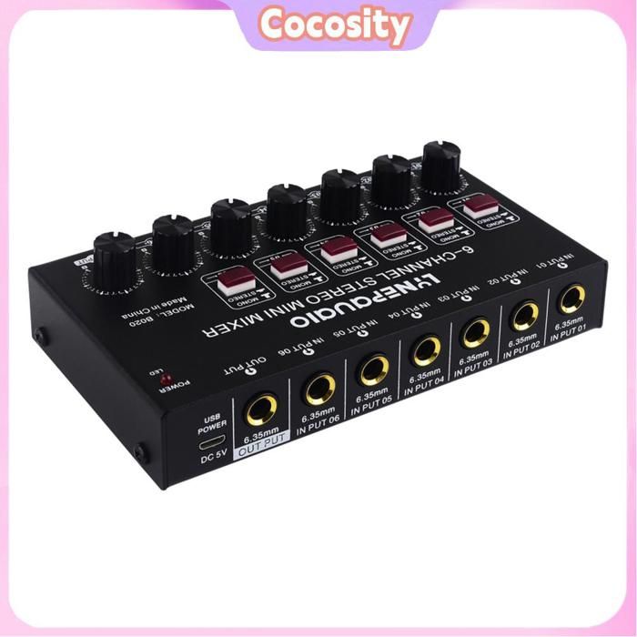 Mini Mixeur Audio Stéréo 4 Canaux - Réglage Volume/Bass/Treble, Entrées/sortie 3.5mm, Alimentation 5-12V
