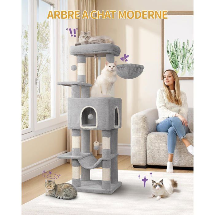 Arbre à Chat Hauteur 149 cmGriffoir avec Grandes Plateformes 5 Poteaux à Griffer 3 Pompons 1 Hamac 1 Niche Gris Clair