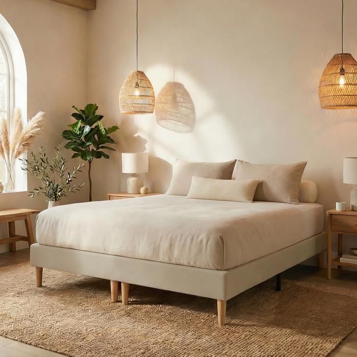 Sommier tapissier RENNES 180 x 200 cm structure en bois et revêtement en tissu beige cadre de lit avec pieds Sommier tapissier RENNES 180 x 200 cm structure en bois et revêtement en tissu beige cadre de lit avec pieds