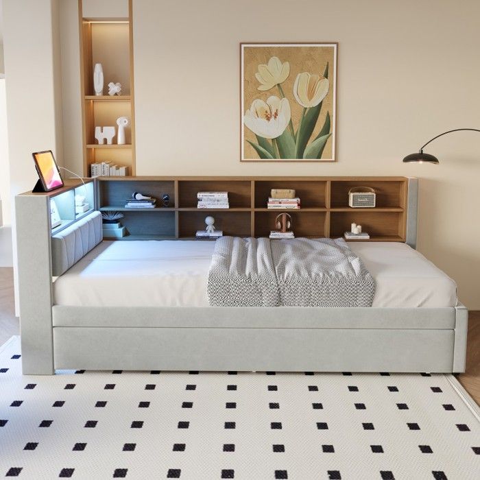 Canapé-lit gigogne 90x200 gris - Canapé 1 place avec rangements lumières LED et prises électriques - sans Matelas