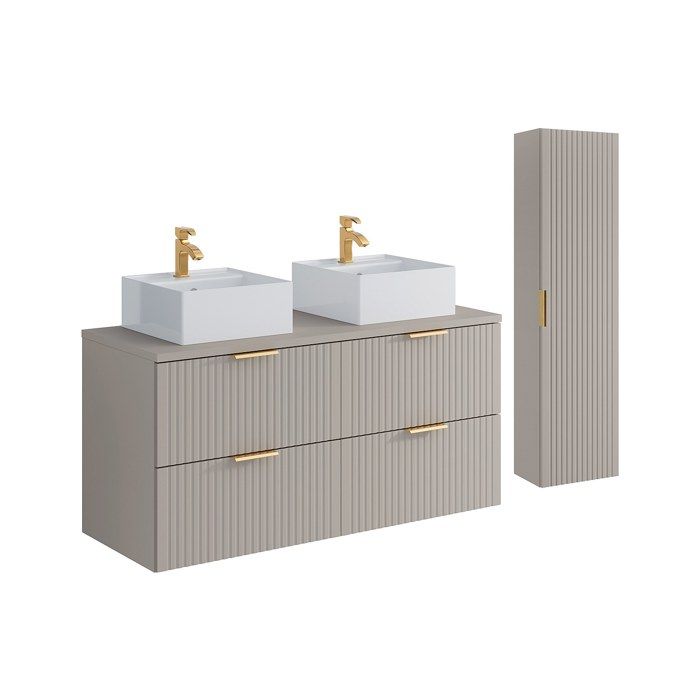 Meuble de salle de bain suspendu strié avec vasque à poser carrée et colonne - Coloris beige - 120 cm - ZEVARA