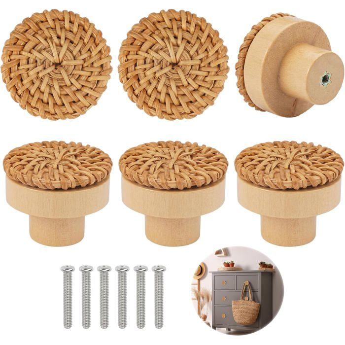 6 Pièces Boutons de Meuble en Rotin Bois Poignée Meuble Bois Bouton de Tiroir pour Placards pour Chambre Cuisine Bureau