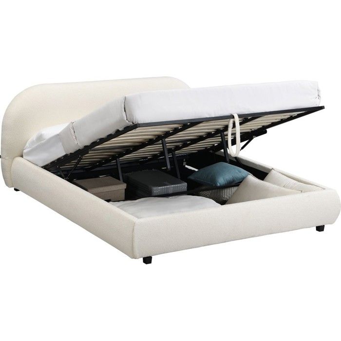 Lit coffre adulte 180x200 cm avec tête de lit matelassée en tissu bouclé beige - Madisson Lit coffre adulte 180x200 cm avec tête de lit matelassée en tissu bouclé beige - Madisson