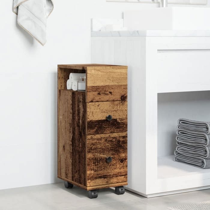 Meuble étroit de salle de bain à roulettes - vidaXL - Vieux bois - Bois dingénierie - 23x33x65 cm - 2 tiroirs