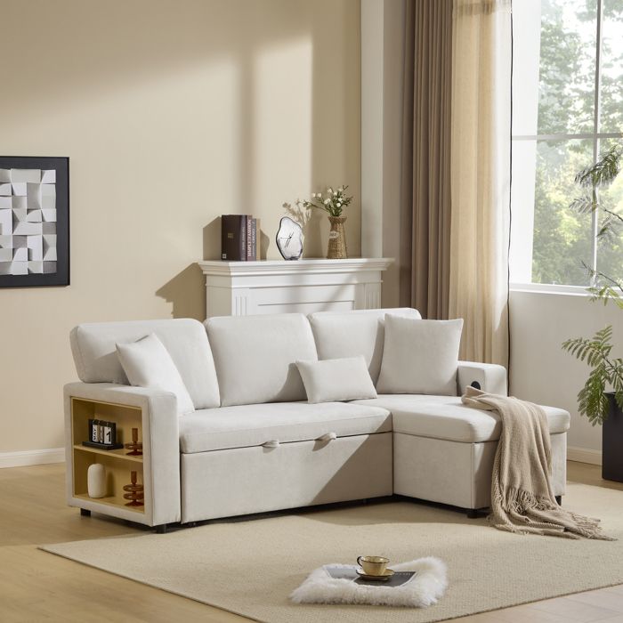 Canapé d’Angle Extensible4 PlacesEn Tissu OxfordCanapé Lit avec Prise USB214 × 131 × 87 cmBeige