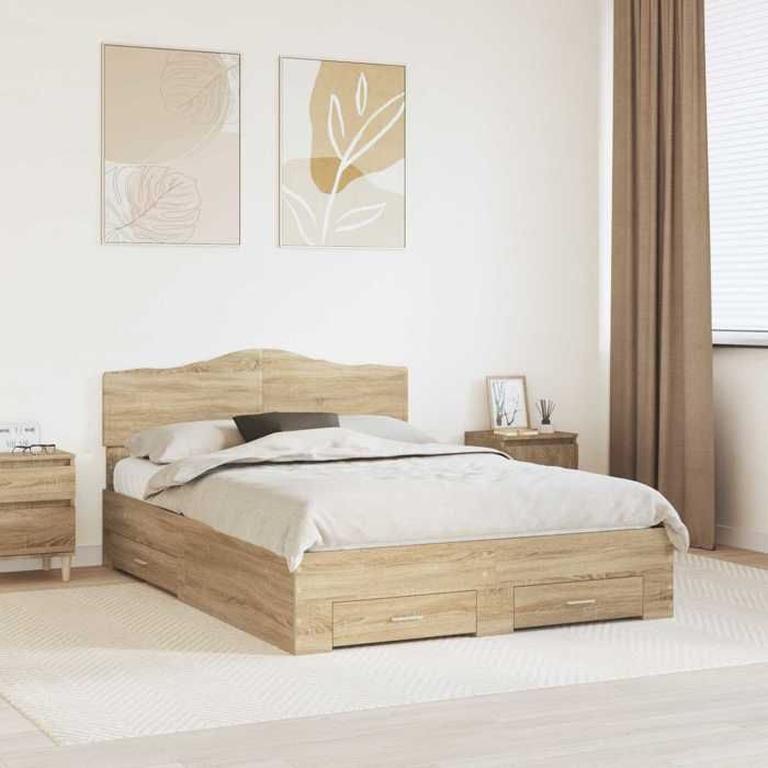 Structure de lit avec rangement - UU - Chêne Sonoma - Bois dingénierie - 140x190 cm - 193x143x90 cm - Cadre à lattes