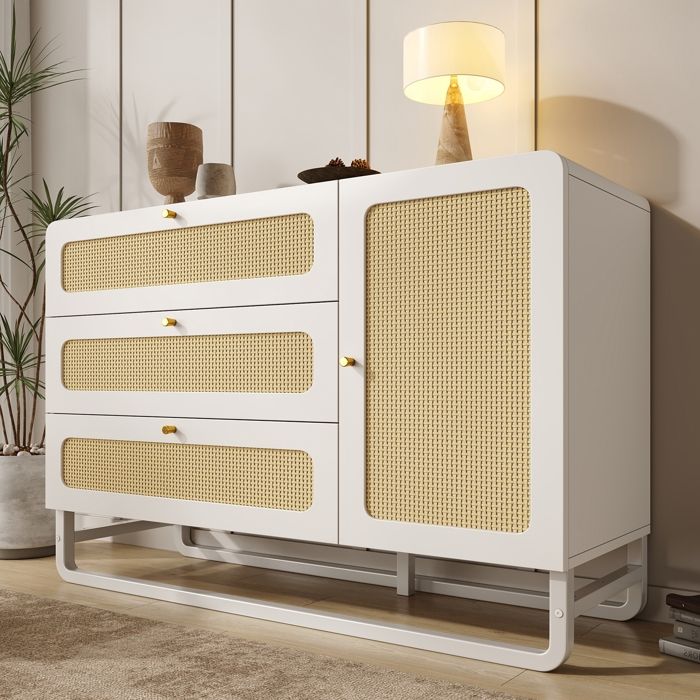 Buffet - armoire de commode avec poignées en rotin et or - style campagnard blanc avec 3 tiroirs et 1 armoire de Porte