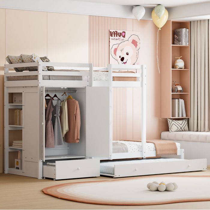 Lit superposé Maisentiel bois blanc 90x200 avec lit gigogne armoire intégrée et tiroirs
