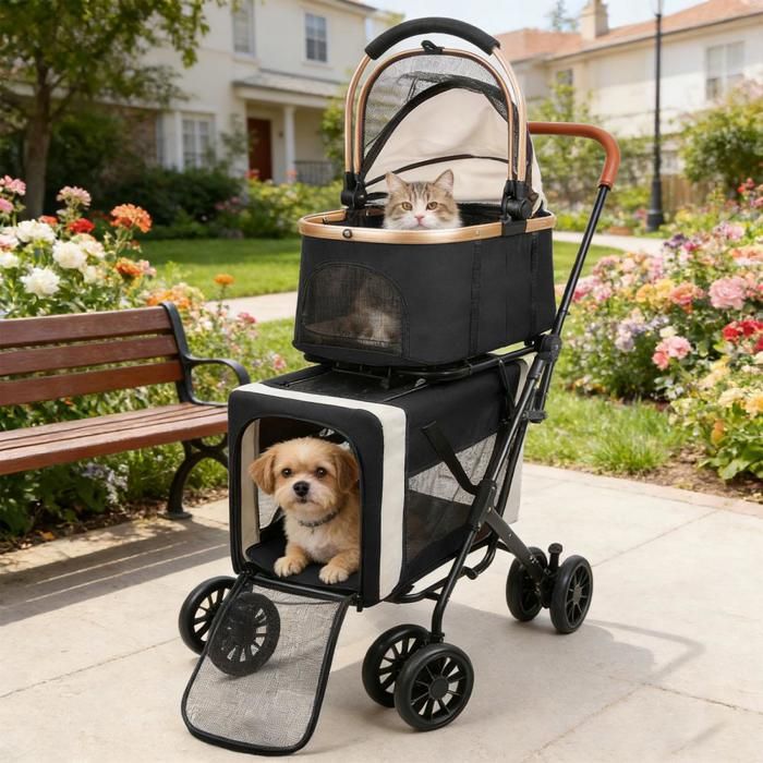 Meilleurs prix pour SUPFINE Poussette Double pour Chien Chat Pliage en un Clic Poussette pour 2 Animaux Détachables Capacité de Charge 30kg Noir