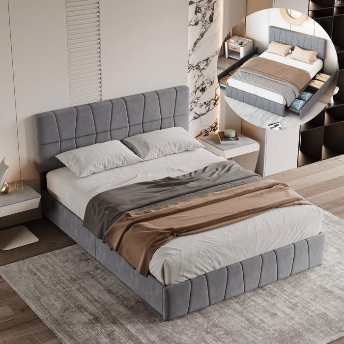 Lit double 160x200 cm avec sommier et 4 tiroirs Lit adulte 160x200 cm avec tête de lit réglable Velours Gris
