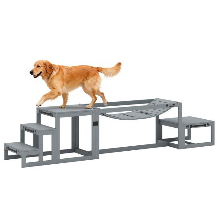 Équipements dentraînement agilité pour chien - PawHut - 3 pièces pont souple plateforme de pause escalier inclus - gris
