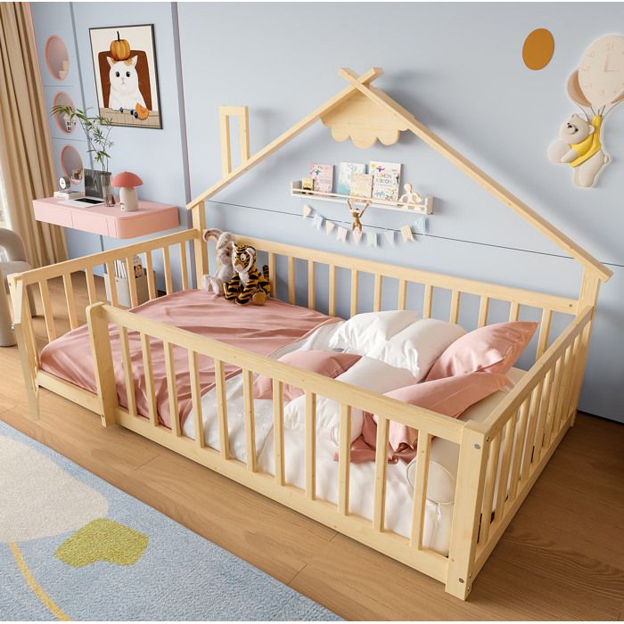 Lit cabane enfant en bois 1 personne 90×190 cm.sommier à lattes.barrières de sécurité.sans matelas.coloris naturel