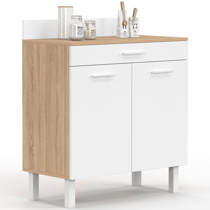 IDMARKET Buffet bas de cuisine 80 cm CINA plan de travail H.83 cm 2 portes + tiroir façon hêtre et blanc