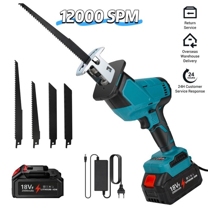 Scie sabre électrique sans fil 12000 SPM - 4 lames scie - Poignée antichoc - 1 batteries - Scie Alternative pour Couper Bois Métal